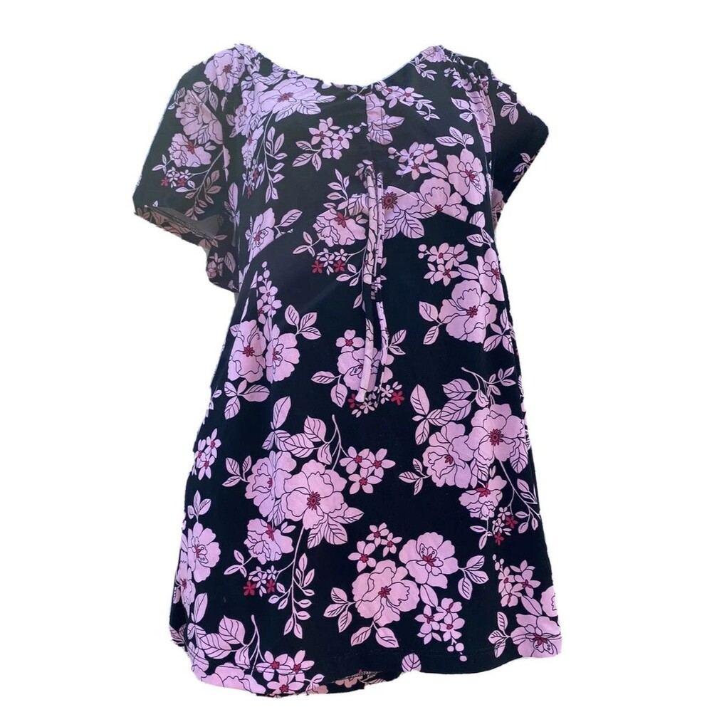 MOTHERHOOD MATERNITY Womens Sz Large Black Pink Floral Scoop Neck Shirt Tie